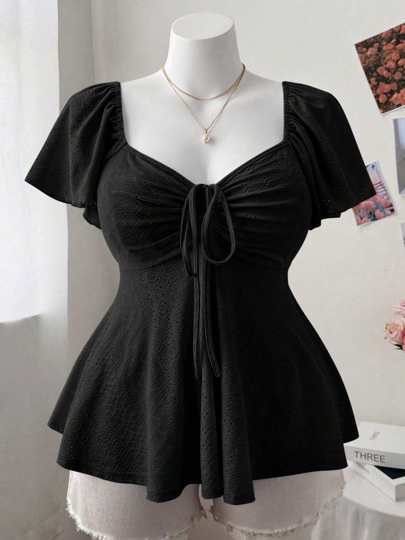 Flirla Plus Size Women Square Collar Flutter Sleeve Textured Casual Cute & Elegant A-Line T-Shirt