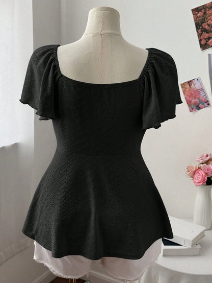 Flirla Plus Size Women Square Collar Flutter Sleeve Textured Casual Cute & Elegant A-Line T-Shirt