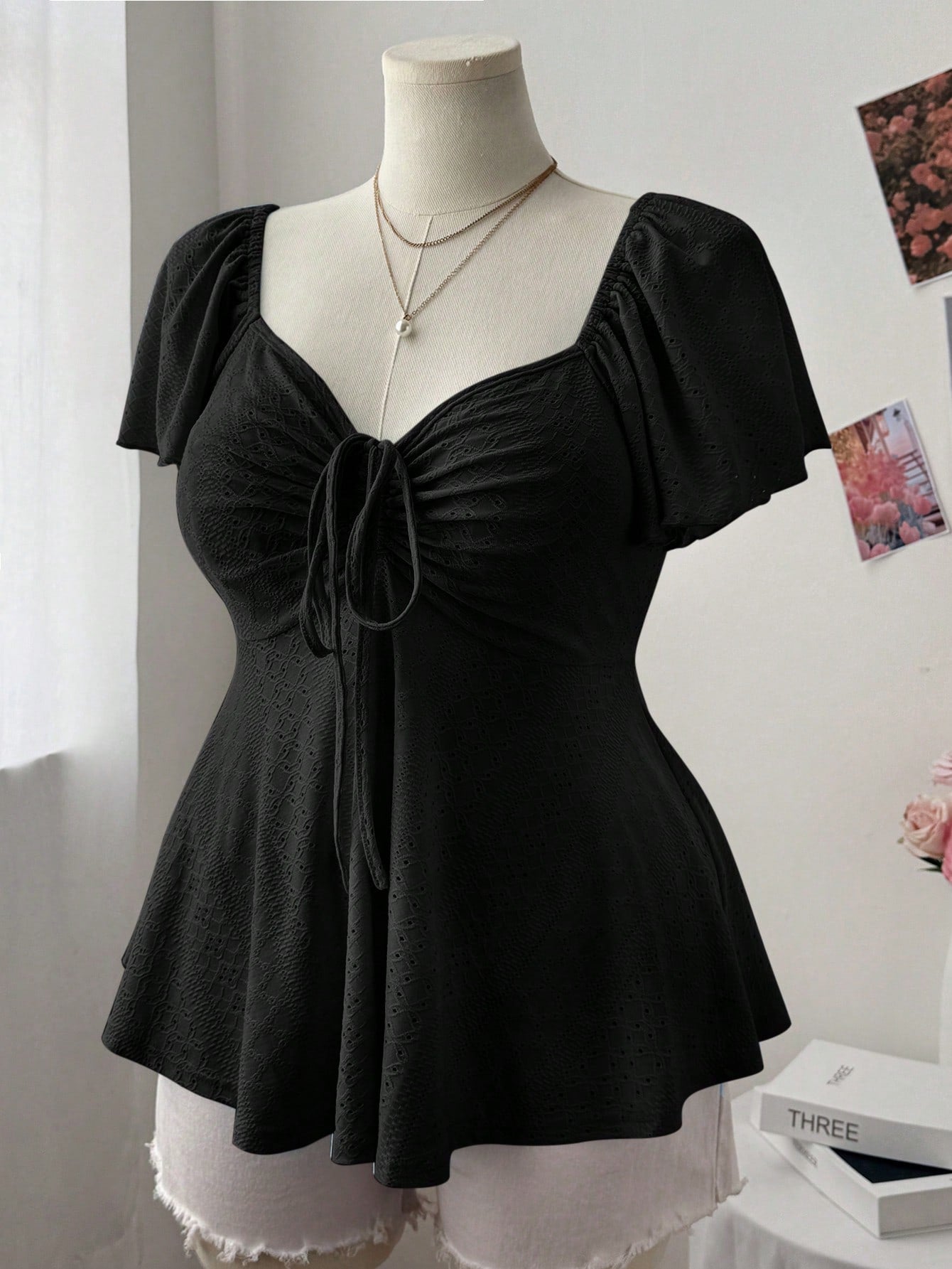 Flirla Plus Size Women Square Collar Flutter Sleeve Textured Casual Cute & Elegant A-Line T-Shirt