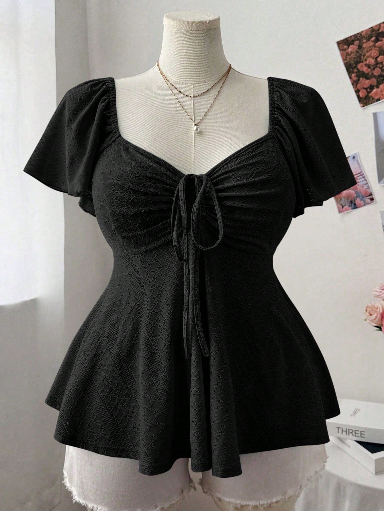 Flirla Plus Size Women Square Collar Flutter Sleeve Textured Casual Cute & Elegant A-Line T-Shirt