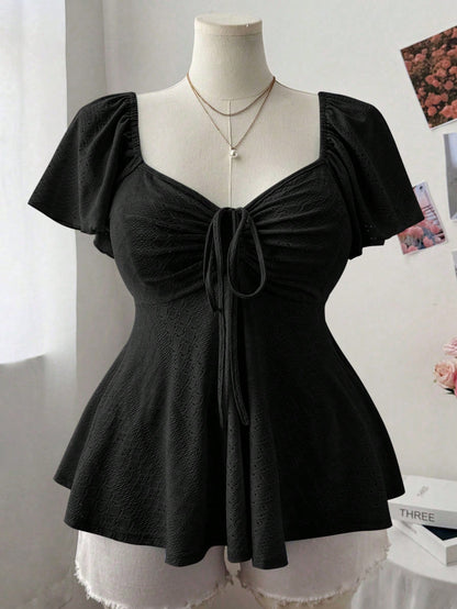 Flirla Plus Size Women Square Collar Flutter Sleeve Textured Casual Cute & Elegant A-Line T-Shirt