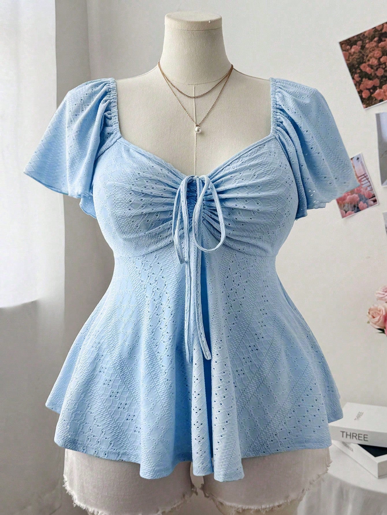 Flirla Plus Size Women Square Collar Flutter Sleeve Textured Casual Cute & Elegant A-Line T-Shirt