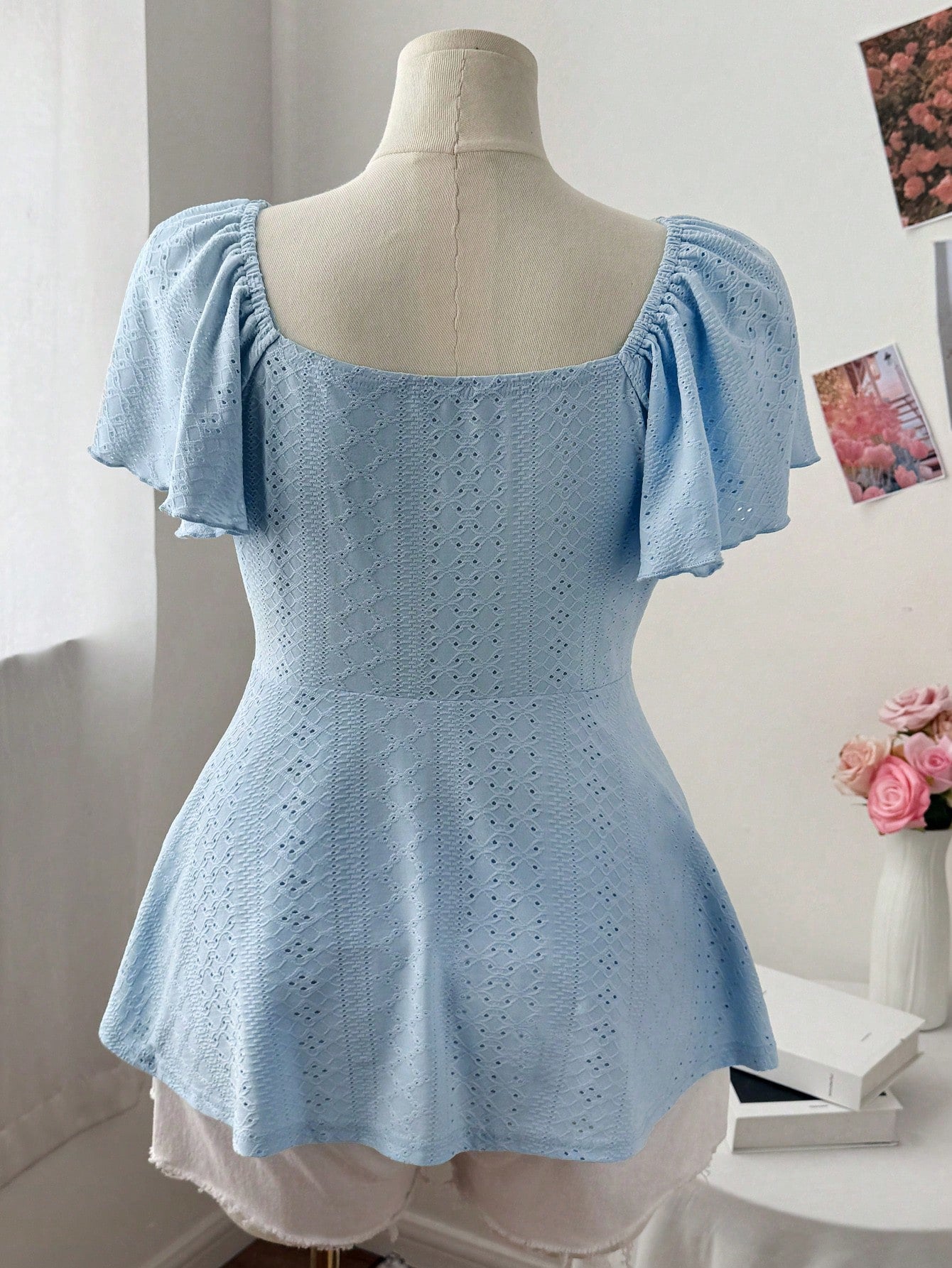 Flirla Plus Size Women Square Collar Flutter Sleeve Textured Casual Cute & Elegant A-Line T-Shirt