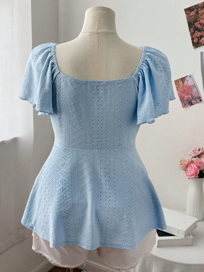 Flirla Plus Size Women Square Collar Flutter Sleeve Textured Casual Cute & Elegant A-Line T-Shirt