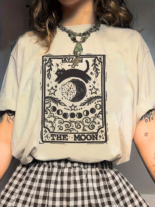 Flirla Round Neck Short Sleeved T-Shirt With Cat And Moon Print, Suitable For Spring And Summer