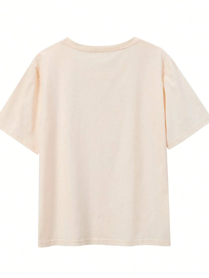 Flirla Round Neck Short Sleeved T-Shirt With Cat And Moon Print, Suitable For Spring And Summer
