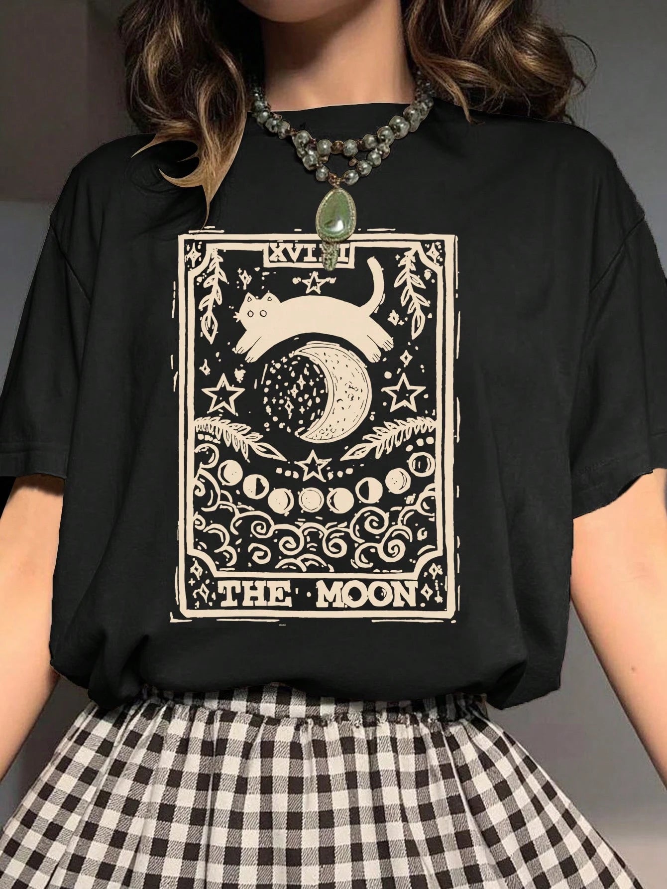 Flirla Round Neck Short Sleeved T-Shirt With Cat And Moon Print, Suitable For Spring And Summer