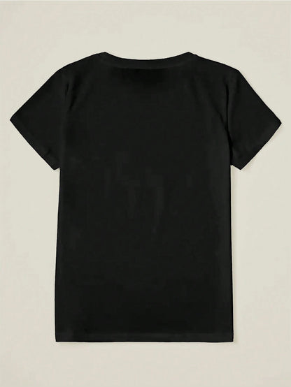 Flirla Round Neck Short Sleeved T-Shirt With Cat And Moon Print, Suitable For Spring And Summer