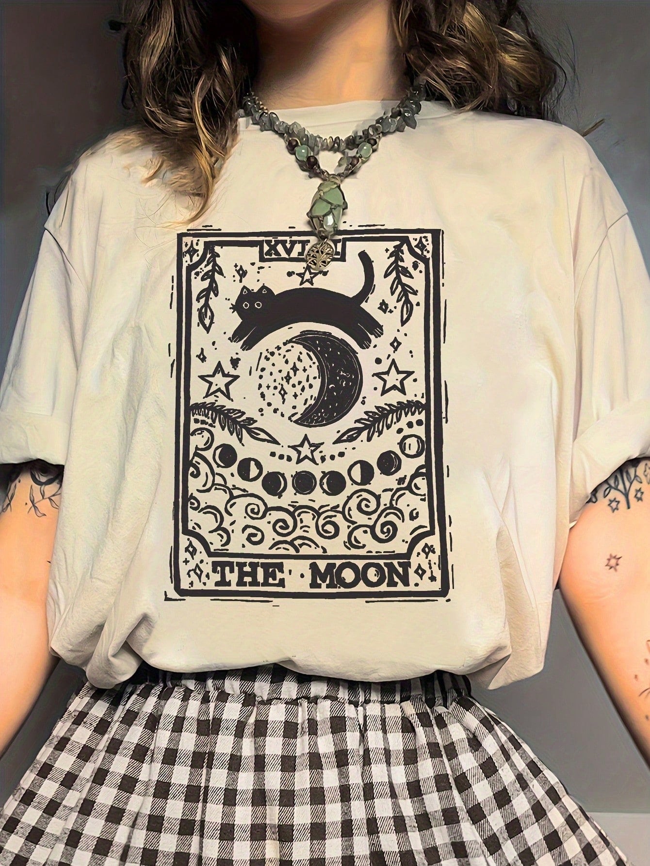 Flirla Round Neck Short Sleeved T-Shirt With Cat And Moon Print, Suitable For Spring And Summer