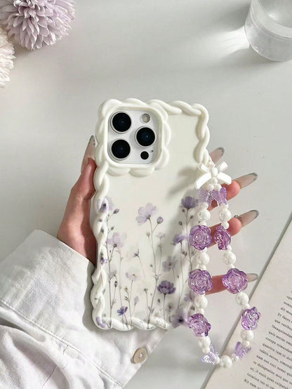 Floral Painted Braided Wavy Edge Beige With Attached Bracelet Flat Print Anti-Drop Fashion Cute Phone Case Suitable For Ip 17/Ip 17pro/Ip 17promax/Iphone16/Iphone16pro/Iphone16promax/IPhone16plus/ 10c
