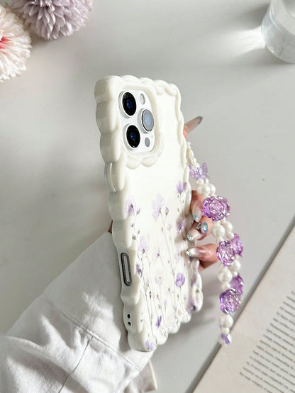 Floral Painted Braided Wavy Edge Beige With Attached Bracelet Flat Print Anti-Drop Fashion Cute Phone Case Suitable For Ip 17/Ip 17pro/Ip 17promax/Iphone16/Iphone16pro/Iphone16promax/IPhone16plus/ 10c