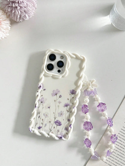 Floral Painted Braided Wavy Edge Beige With Attached Bracelet Flat Print Anti-Drop Fashion Cute Phone Case Suitable For Ip 17/Ip 17pro/Ip 17promax/Iphone16/Iphone16pro/Iphone16promax/IPhone16plus/ 10c