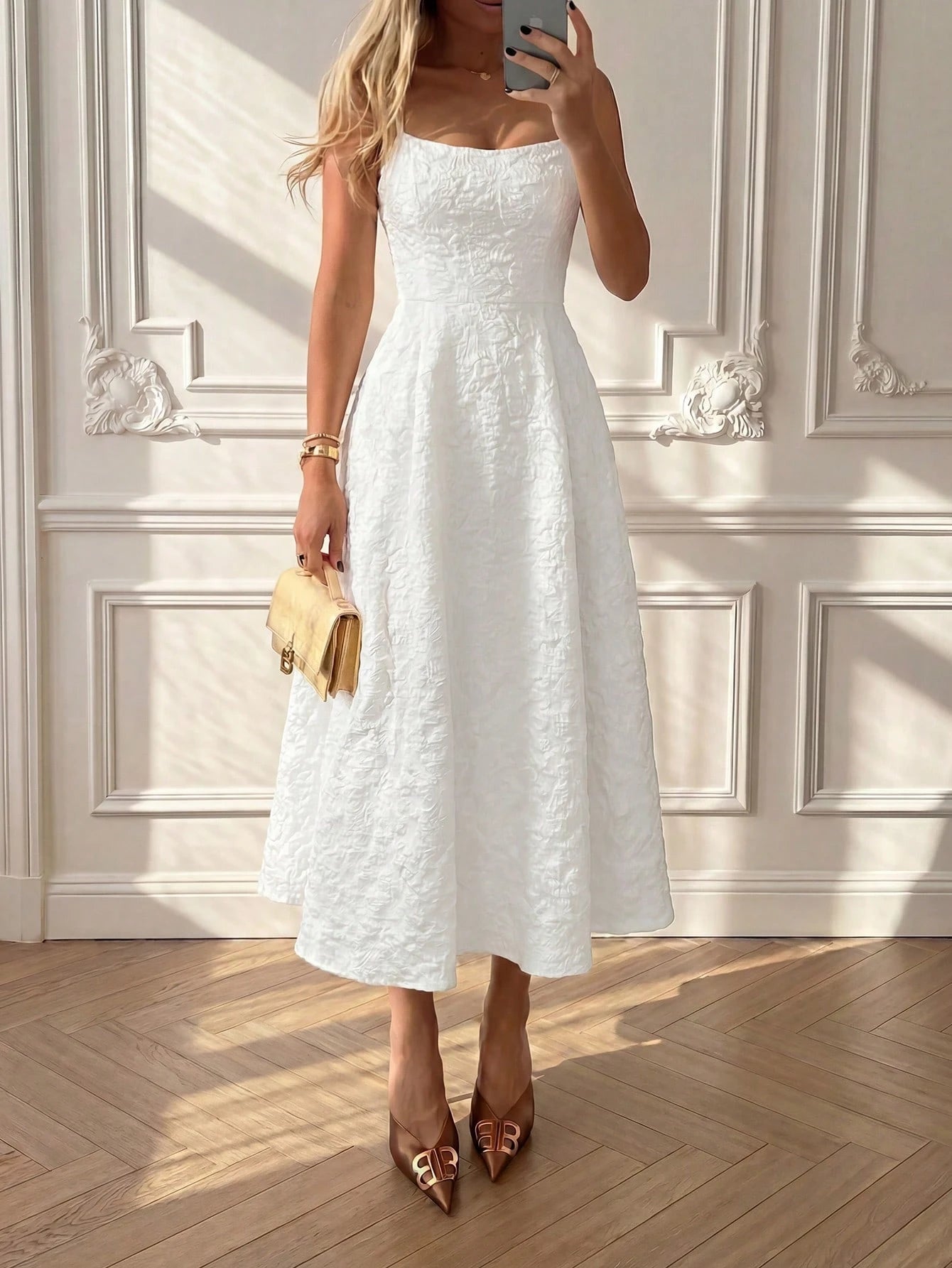 Floreya Summer Elegant Solid Color French High-End Elegant Light Dress Waist-Cinching Slim Fit Spaghetti Strap Midi Dress Apricot Dress Party White
