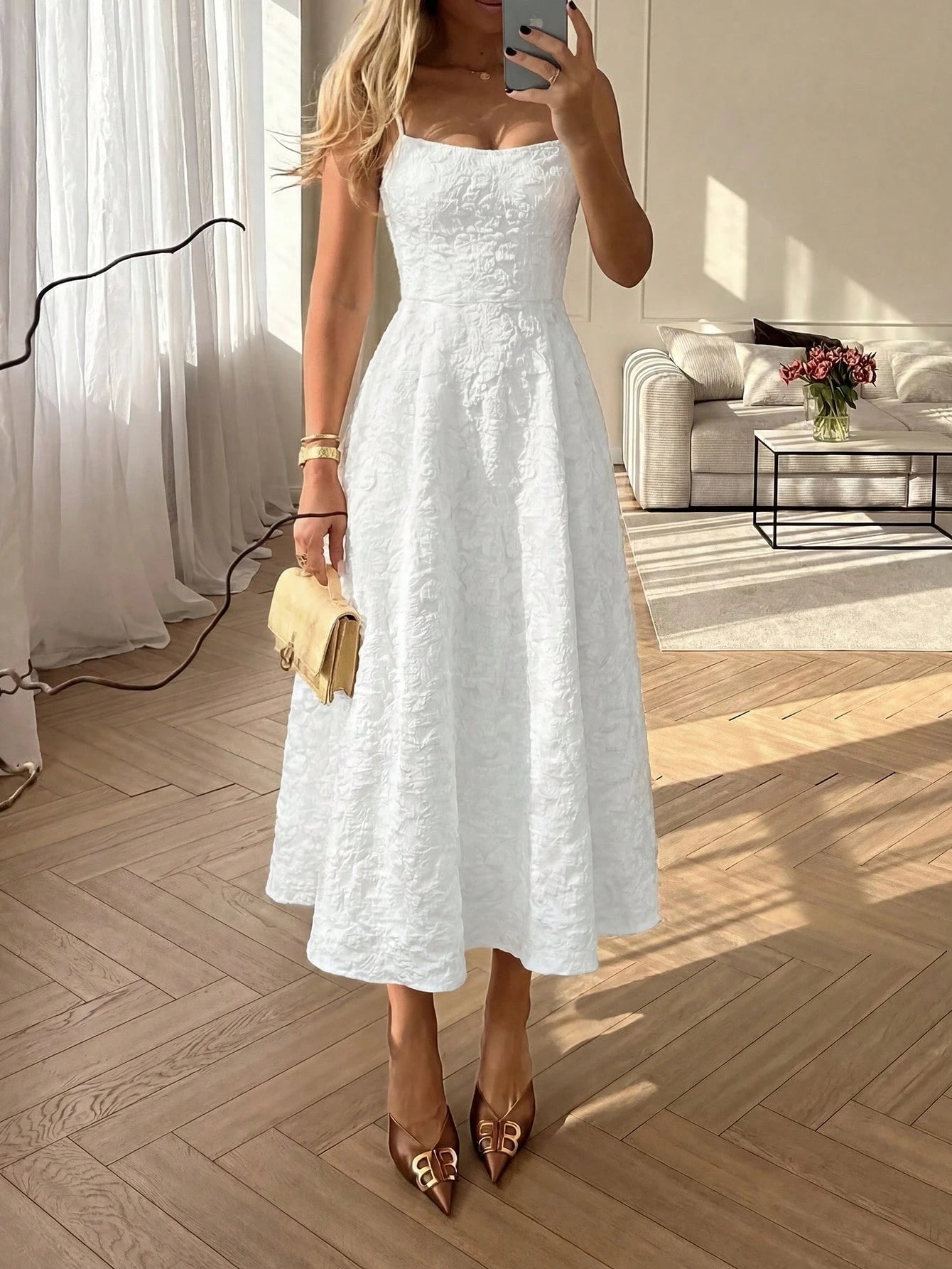 Floreya Summer Elegant Solid Color French High-End Elegant Light Dress Waist-Cinching Slim Fit Spaghetti Strap Midi Dress Apricot Dress Party White