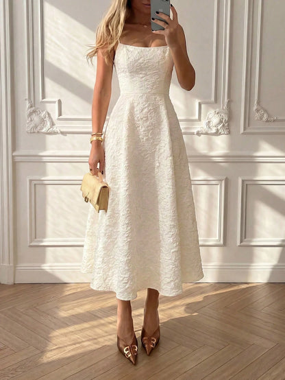 Floreya Summer Elegant Solid Color French High-End Elegant Light Dress Waist-Cinching Slim Fit Spaghetti Strap Midi Dress Apricot Dress Party White