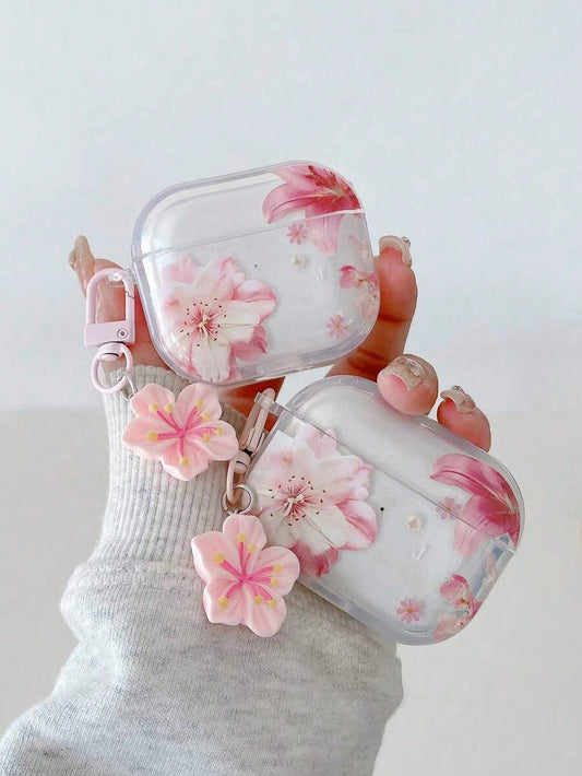 Flower Lily Flower Painted Transparent Bluetooth Earphone Case, Suitable For Painted Transparent Fashion Bluetooth Earphone Case, Applicable To S4 Protective Case, Apple Wireless Bluetooth Earphone Sh