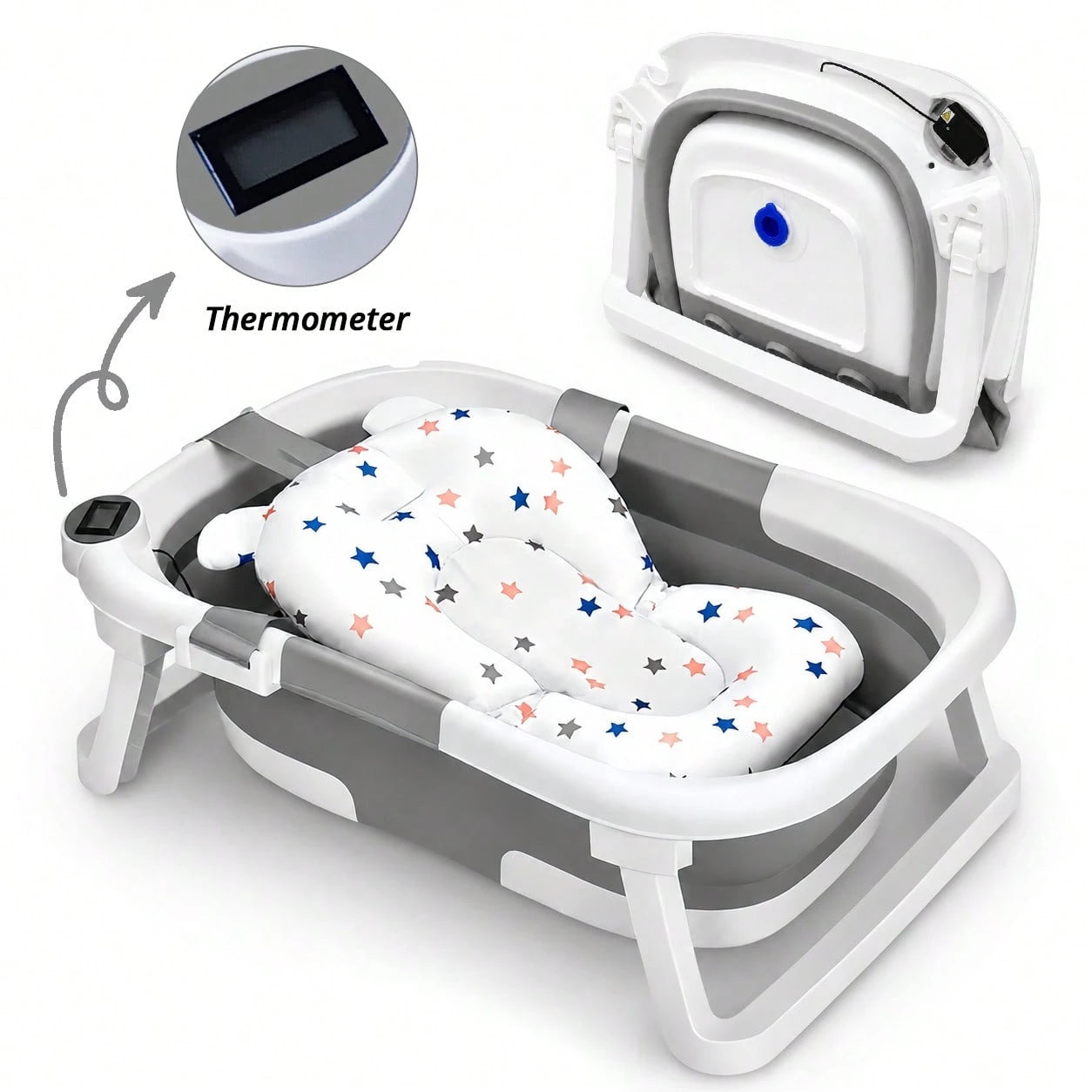 Foldable Baby Bathtub, Suitable For Newborns To Infants Aged 0-36 Months, Comes With A Soft Cushion And Thermometer,Portable Travel Baby Tub For New