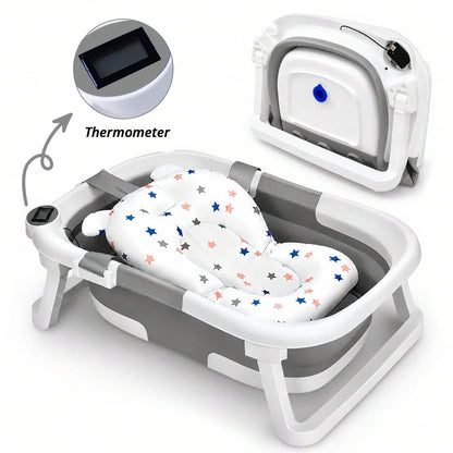Foldable Baby Bathtub, Suitable For Newborns To Infants Aged 0-36 Months, Comes With A Soft Cushion And Thermometer,Portable Travel Baby Tub For New