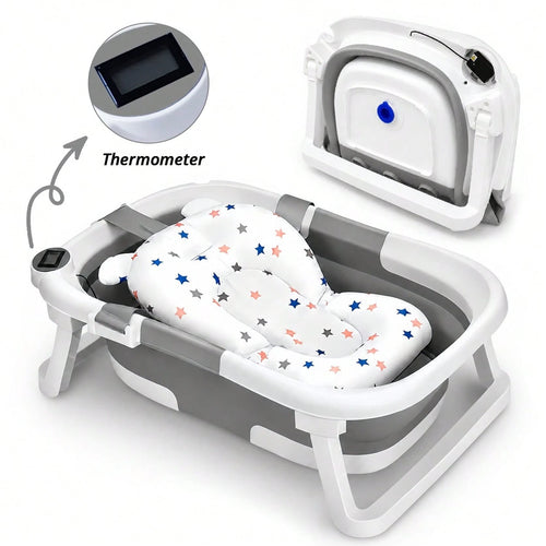 Foldable Baby Bathtub, Suitable For Newborns To Infants Aged 0-36 Months, Comes With A Soft Cushion And Thermometer,Portable Travel Baby Tub For New