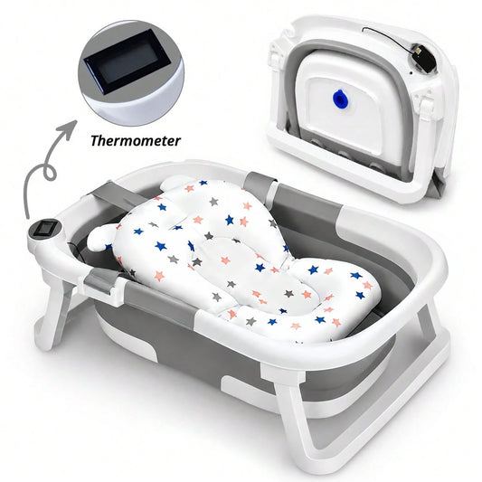Foldable Baby Bathtub, Suitable For Newborns To Infants Aged 0-36 Months, Comes With A Soft Cushion And Thermometer,Portable Travel Baby Tub For New