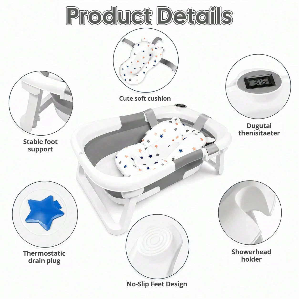 Foldable Baby Bathtub, Suitable For Newborns To Infants Aged 0-36 Months, Comes With A Soft Cushion And Thermometer,Portable Travel Baby Tub For New
