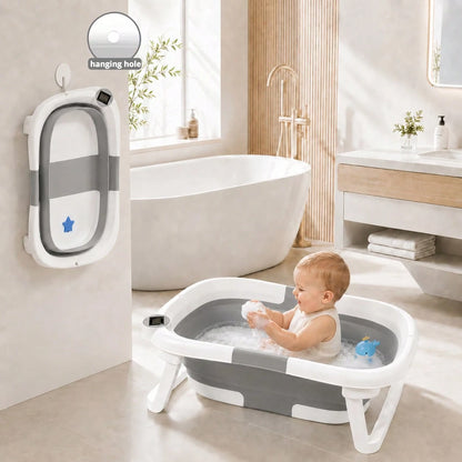 Foldable Baby Bathtub, Suitable For Newborns To Infants Aged 0-36 Months, Comes With A Soft Cushion And Thermometer,Portable Travel Baby Tub For New