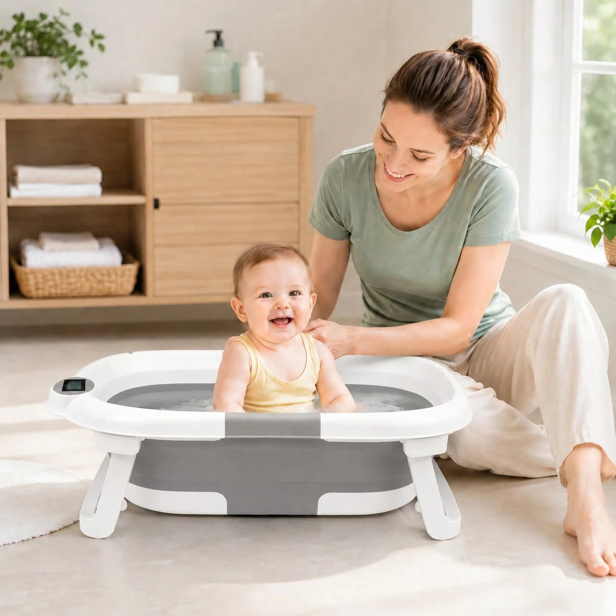 Foldable Baby Bathtub, Suitable For Newborns To Infants Aged 0-36 Months, Comes With A Soft Cushion And Thermometer,Portable Travel Baby Tub For New