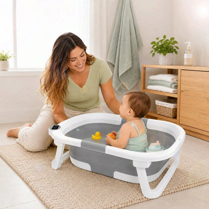 Foldable Baby Bathtub, Suitable For Newborns To Infants Aged 0-36 Months, Comes With A Soft Cushion And Thermometer,Portable Travel Baby Tub For New
