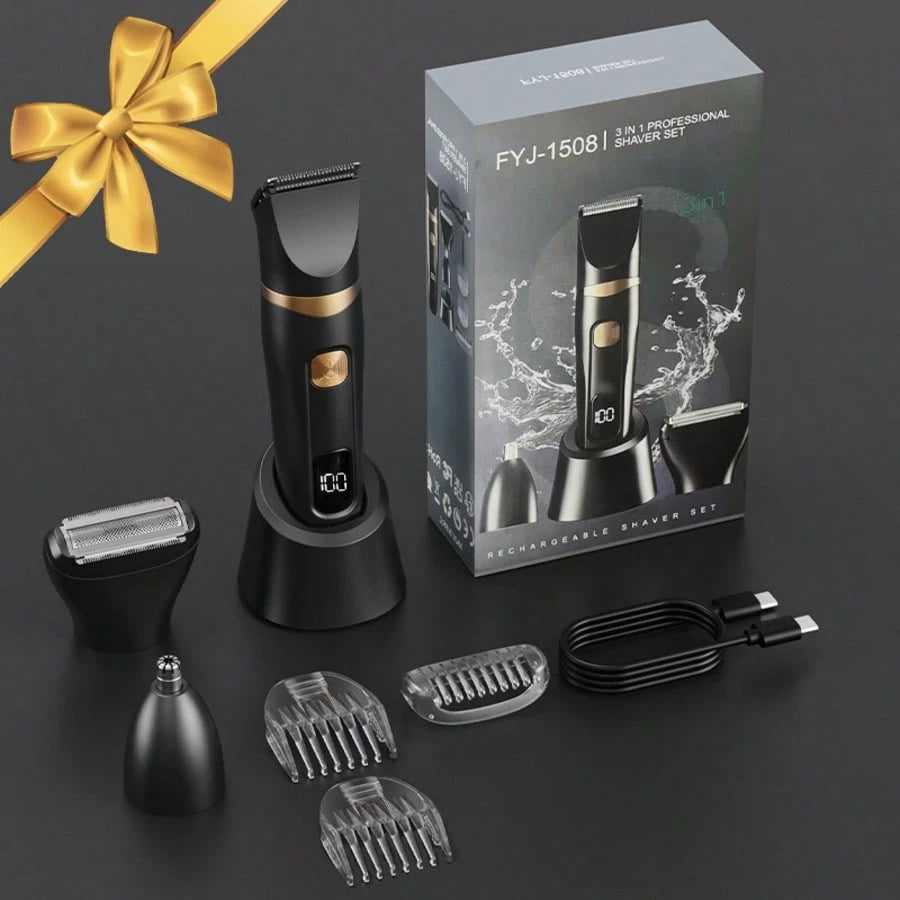 FollowBreak 3-In-1 Men's Electric Shaver, Men's Hair Clipper, USB Men's Shaver, Nose Hair Trimmer, 3 Blade Types, Detachable Cleaning, With LED Display Screen, Removing Ear Hair, Nose Hair, Eyebrows A