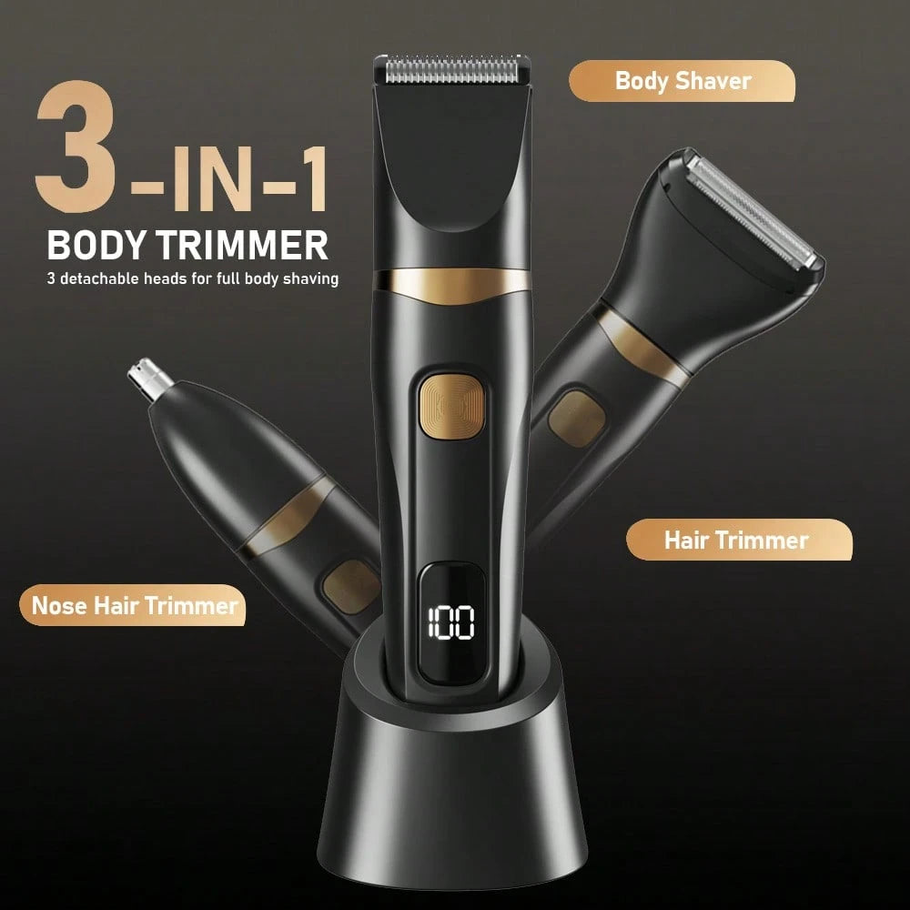 FollowBreak 3-In-1 Men's Electric Shaver, Men's Hair Clipper, USB Men's Shaver, Nose Hair Trimmer, 3 Blade Types, Detachable Cleaning, With LED Display Screen, Removing Ear Hair, Nose Hair, Eyebrows A
