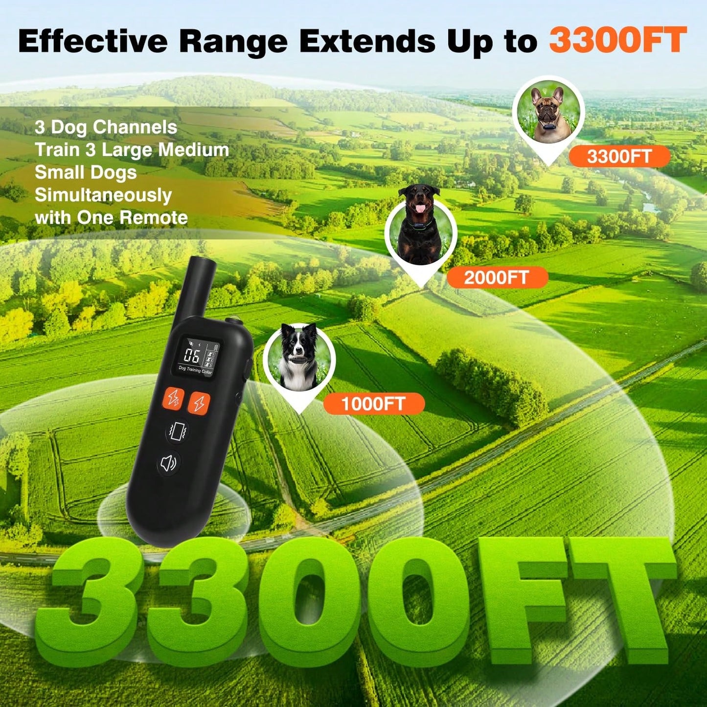 For 3 Dogs Shock Collar With Remote, 3300FT Dog Training Collar With Fashlight, IPX7 E Collar With Double Shock For Small Medium Large Dogs(5-150lbs)-4 Training Modes, Adjustable Strap, Rechargeable