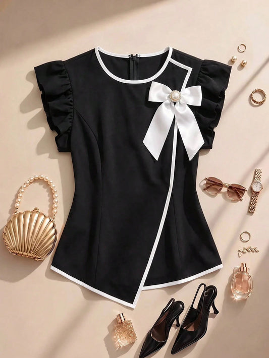 Formidée Plus Size Women's Elegant Fashion Cap Sleeve Bow Decor Solid Color Blouse