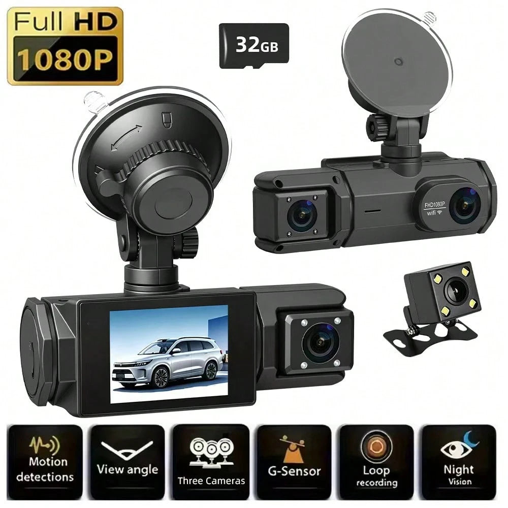 FOXGOD 1080P Dash Cam With 3 Cameras Front And Built-In And Rear Infrared Night Vision 170° Wide-Angle Lens Built-In Audio 32GB Memory Card Wifi Connection To Smartphone Loop Recording G-Sensor 24H