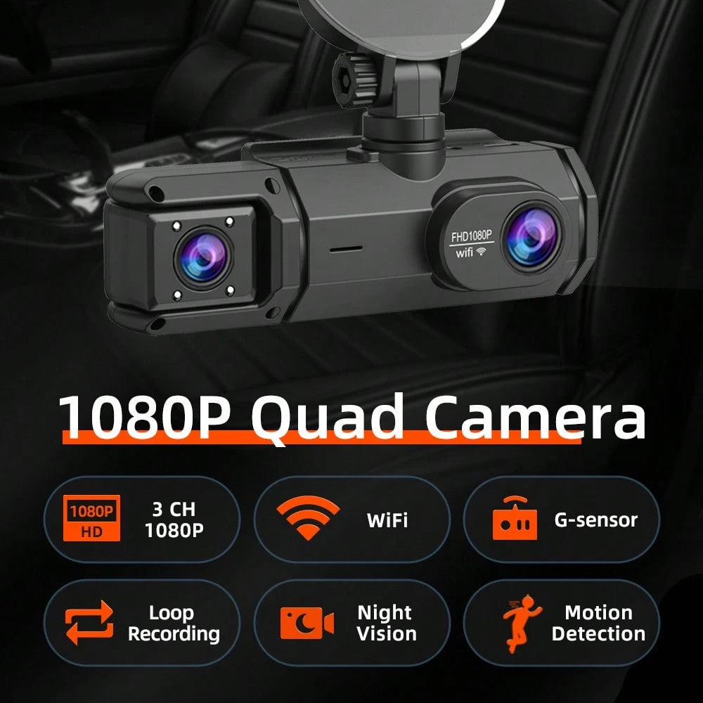 FOXGOD 1080P Dash Cam With 3 Cameras Front And Built-In And Rear Infrared Night Vision 170° Wide-Angle Lens Built-In Audio 32GB Memory Card Wifi Connection To Smartphone Loop Recording G-Sensor 24H