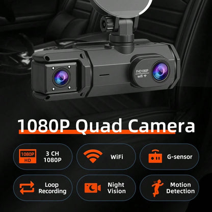 FOXGOD 1080P Dash Cam With 3 Cameras Front And Built-In And Rear Infrared Night Vision 170° Wide-Angle Lens Built-In Audio 32GB Memory Card Wifi Connection To Smartphone Loop Recording G-Sensor 24H