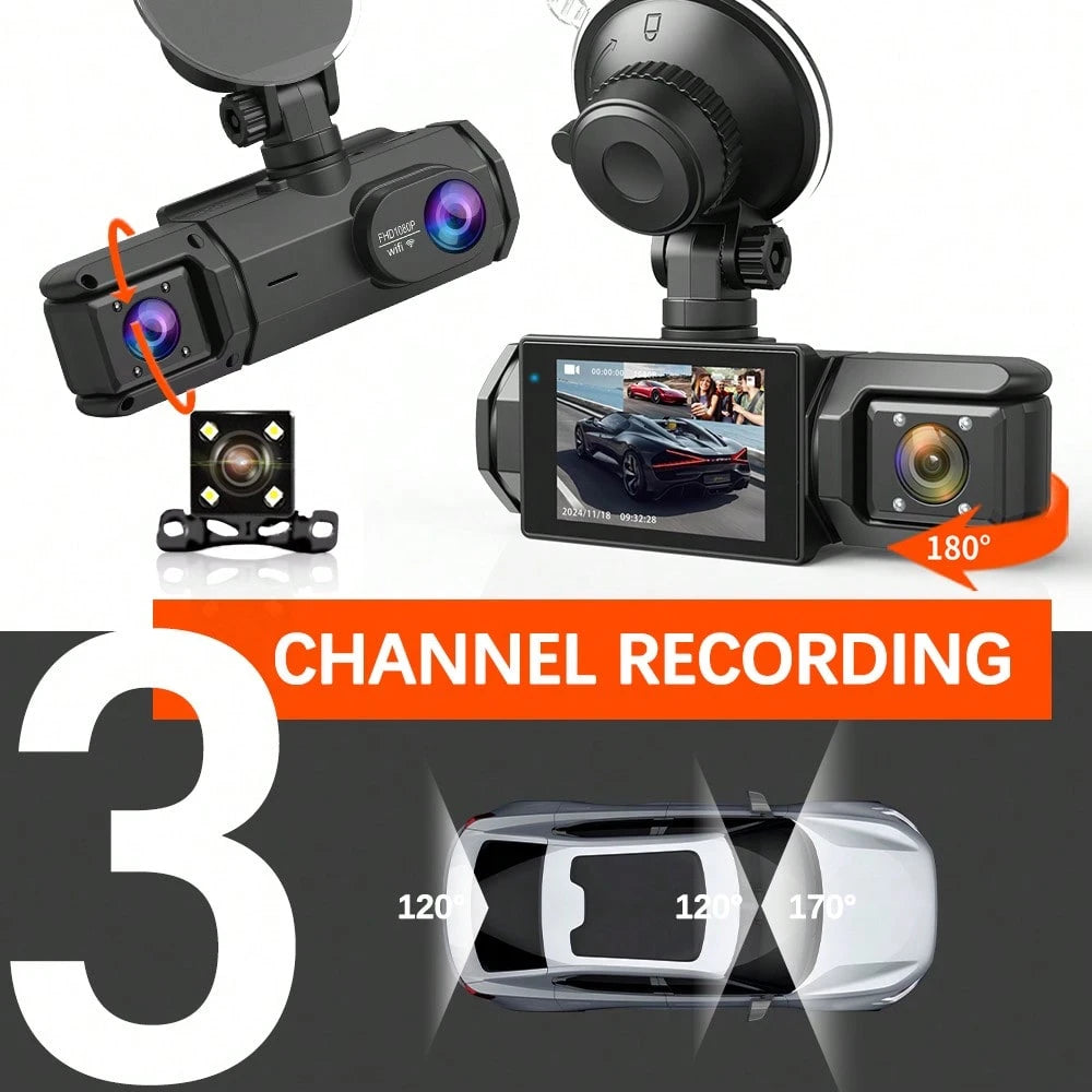 FOXGOD 1080P Dash Cam With 3 Cameras Front And Built-In And Rear Infrared Night Vision 170° Wide-Angle Lens Built-In Audio 32GB Memory Card Wifi Connection To Smartphone Loop Recording G-Sensor 24H