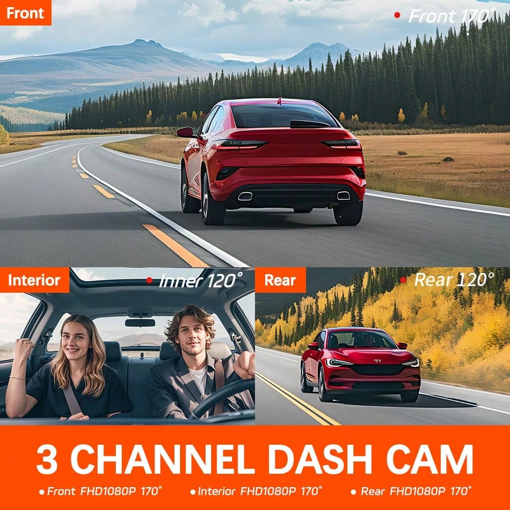 FOXGOD 1080P Dash Cam With 3 Cameras Front And Built-In And Rear Infrared Night Vision 170° Wide-Angle Lens Built-In Audio 32GB Memory Card Wifi Connection To Smartphone Loop Recording G-Sensor 24H