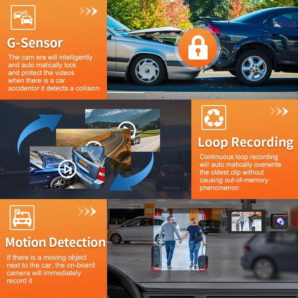 FOXGOD 1080P Dash Cam With 3 Cameras Front And Built-In And Rear Infrared Night Vision 170° Wide-Angle Lens Built-In Audio 32GB Memory Card Wifi Connection To Smartphone Loop Recording G-Sensor 24H