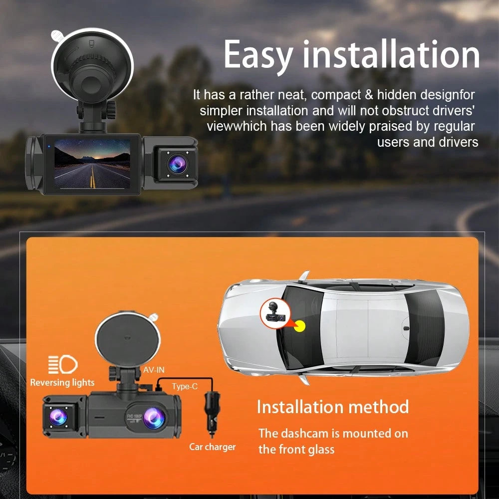 FOXGOD 1080P Dash Cam With 3 Cameras Front And Built-In And Rear Infrared Night Vision 170° Wide-Angle Lens Built-In Audio 32GB Memory Card Wifi Connection To Smartphone Loop Recording G-Sensor 24H