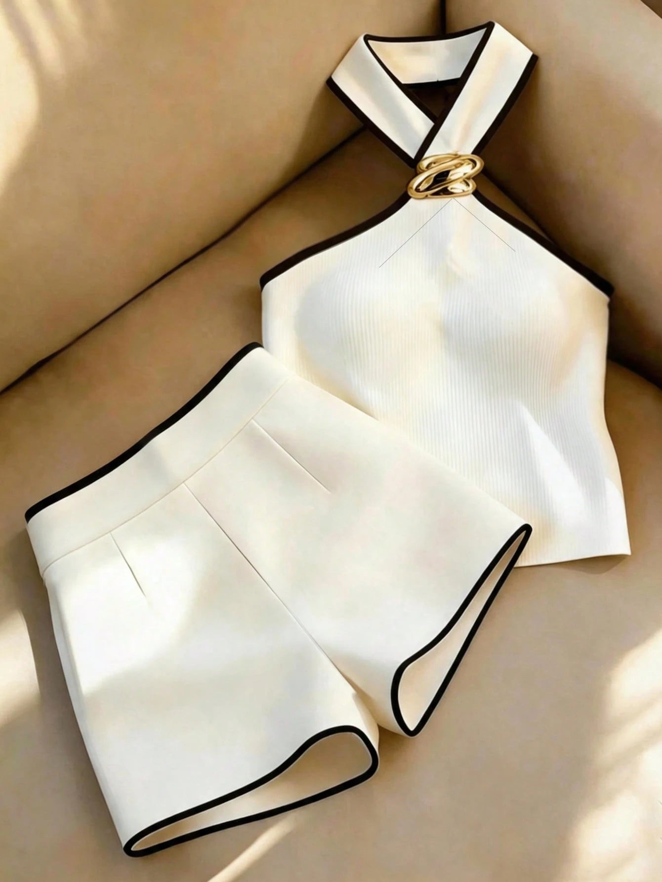 Franclia 2026 New Spring Summer Halter Two Pieces Set For Women, Black White Color Block Halter Top And High Waist Shorts Set,Summer Vacation