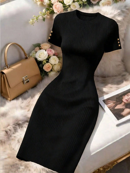 Franclia Black Ribbed Knit Short Sleeve Fitted Versatile Dress