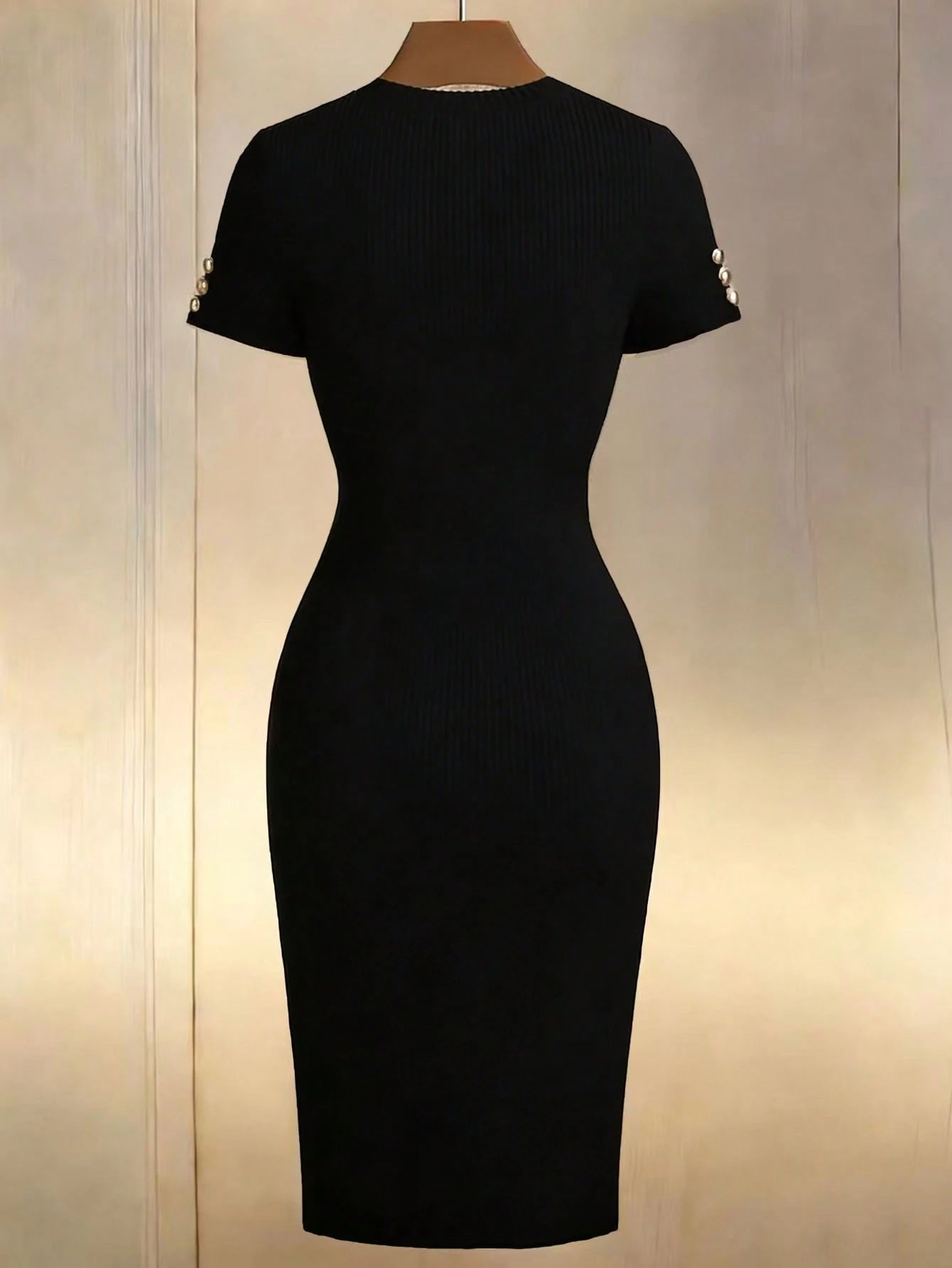 Franclia Black Ribbed Knit Short Sleeve Fitted Versatile Dress