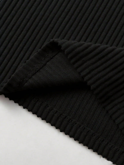 Franclia Black Ribbed Knit Short Sleeve Fitted Versatile Dress