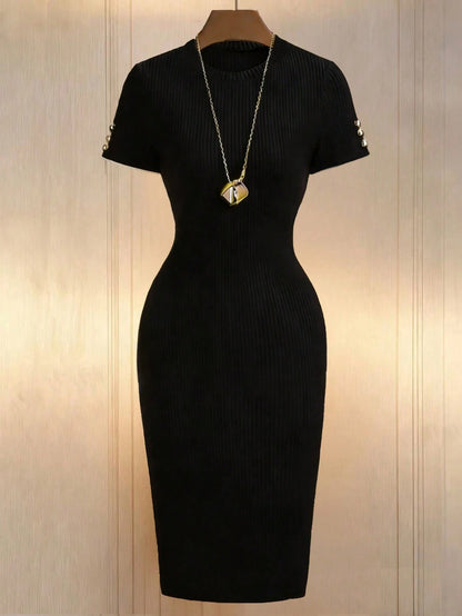 Franclia Black Ribbed Knit Short Sleeve Fitted Versatile Dress