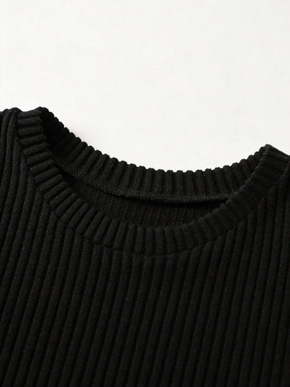 Franclia Black Ribbed Knit Short Sleeve Fitted Versatile Dress