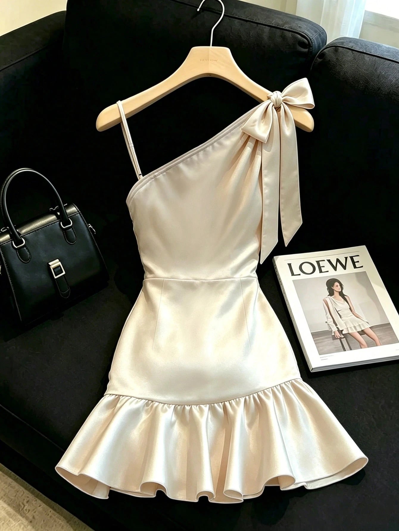Franclia Champagne Satin Dress With Soft Luminous Texture, Asymmetrical Shoulder Bow Design, Delicate Side Straps, Ruched Waist For Flattering Silhouette, Ruffle Hem, Fitted Cut, Elegant And Sli