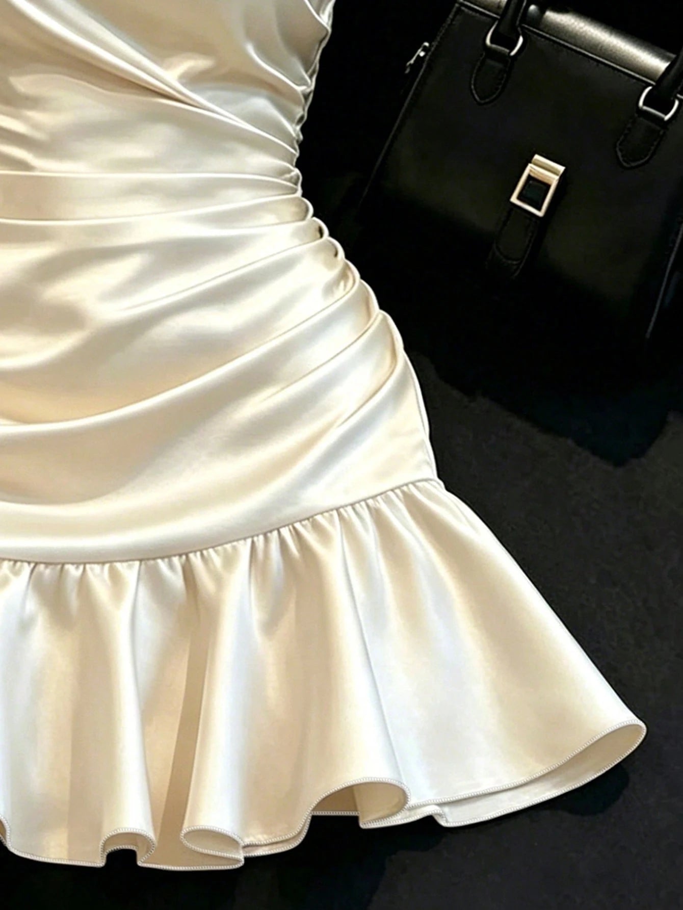 Franclia Champagne Satin Dress With Soft Luminous Texture, Asymmetrical Shoulder Bow Design, Delicate Side Straps, Ruched Waist For Flattering Silhouette, Ruffle Hem, Fitted Cut, Elegant And Sli