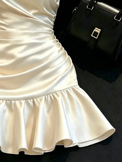 Franclia Champagne Satin Dress With Soft Luminous Texture, Asymmetrical Shoulder Bow Design, Delicate Side Straps, Ruched Waist For Flattering Silhouette, Ruffle Hem, Fitted Cut, Elegant And Sli