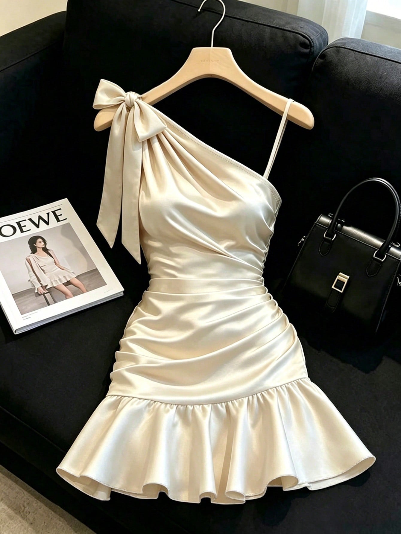 Franclia Champagne Satin Dress With Soft Luminous Texture, Asymmetrical Shoulder Bow Design, Delicate Side Straps, Ruched Waist For Flattering Silhouette, Ruffle Hem, Fitted Cut, Elegant And Sli