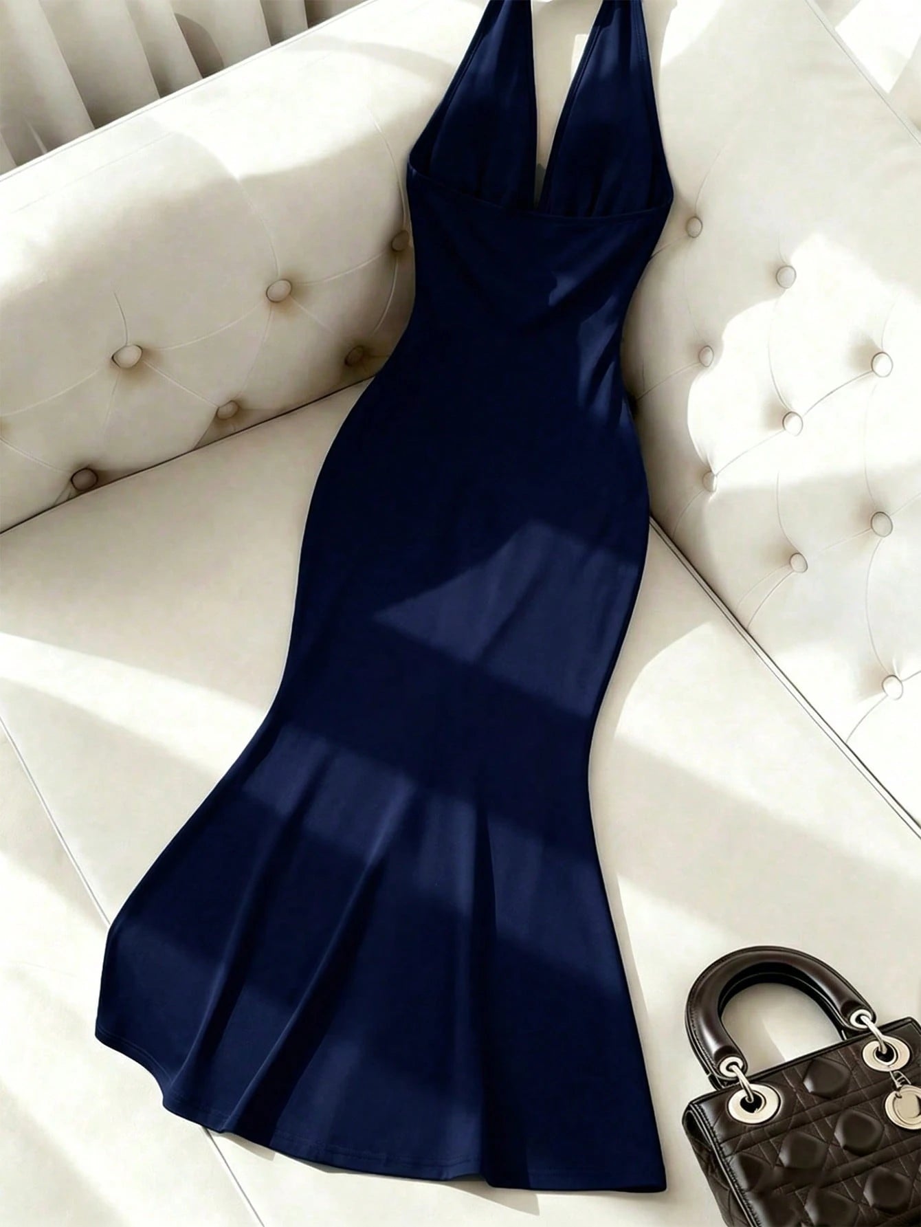 Franclia Elegant Fitted Sexy Deep V-Neck Halter High Slit High Stretch Indigo Blue Dress, Formal Party Gown, New Year Dress